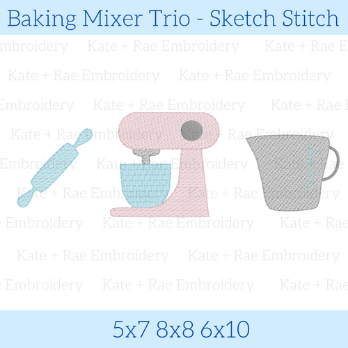 Baking Mixer Trio Sketch Stitch Embroidery Design: Design preview of a sketch stitch rolling pin, pink stand mixer, and gray measuring cup, available in 5x7, 8x8, and 6x10