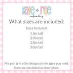 Boy's Easter Bunny with Carrot Mini Fill Stitch Embroidery Design: Size chart showing sizes 1.5in, 2.0in, 2.5in, and 3.0in tall