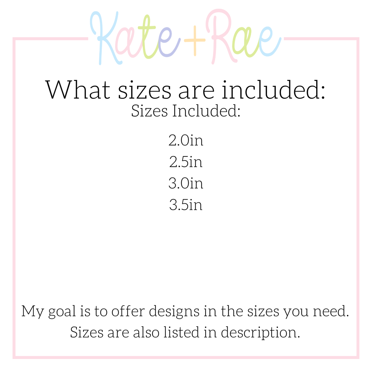 Cross Stitch Mini Cross Embroidery Design: Size chart showing sizes 2.0in, 2.5in, 3.0in, and 3.5in