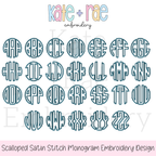 Scalloped Monogram Satin Stitch Applique Embroidery Font: Full A to Z set of scalloped circle monogram letters in blue outline