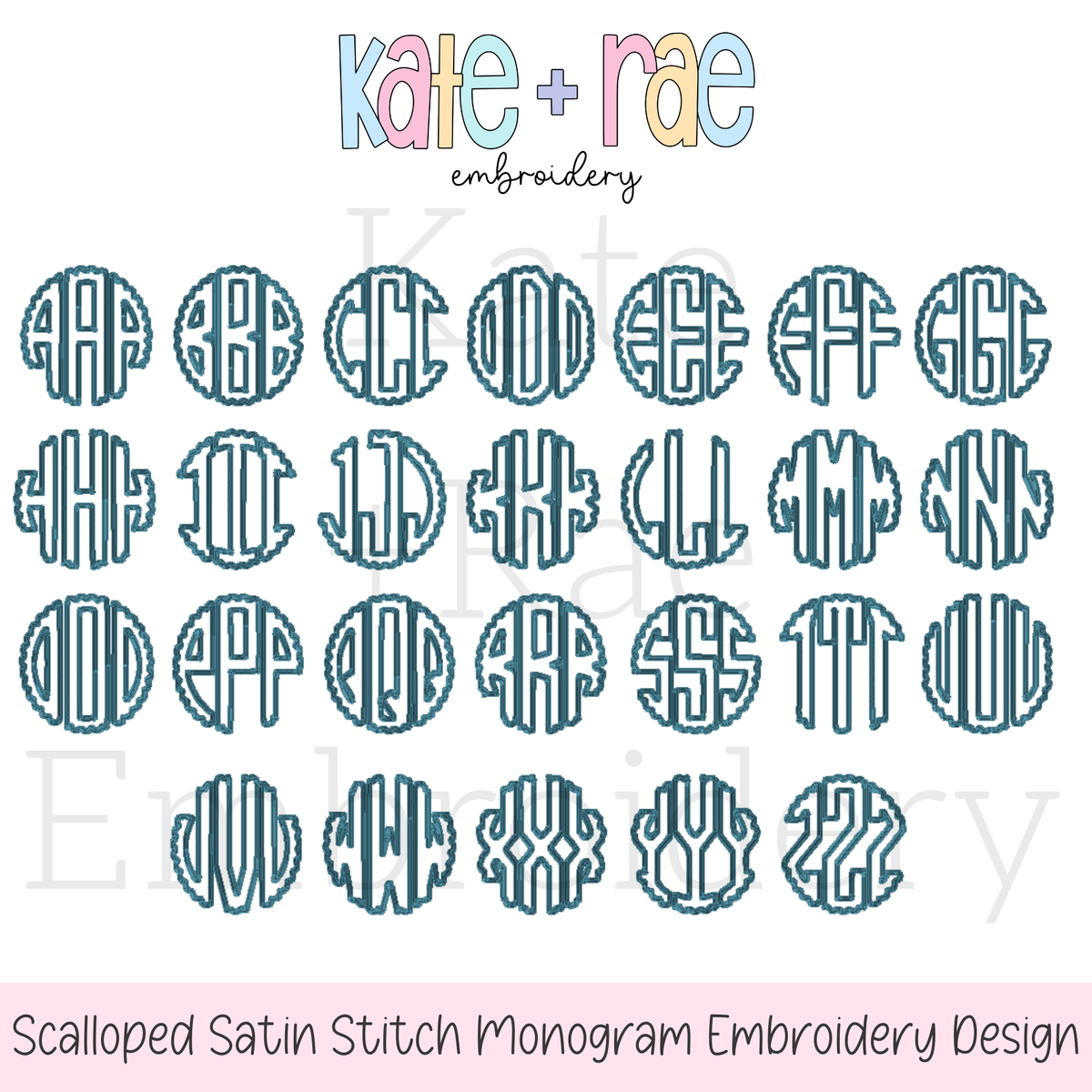 Scalloped Monogram Satin Stitch Applique Embroidery Font: Full A to Z set of scalloped circle monogram letters in blue outline