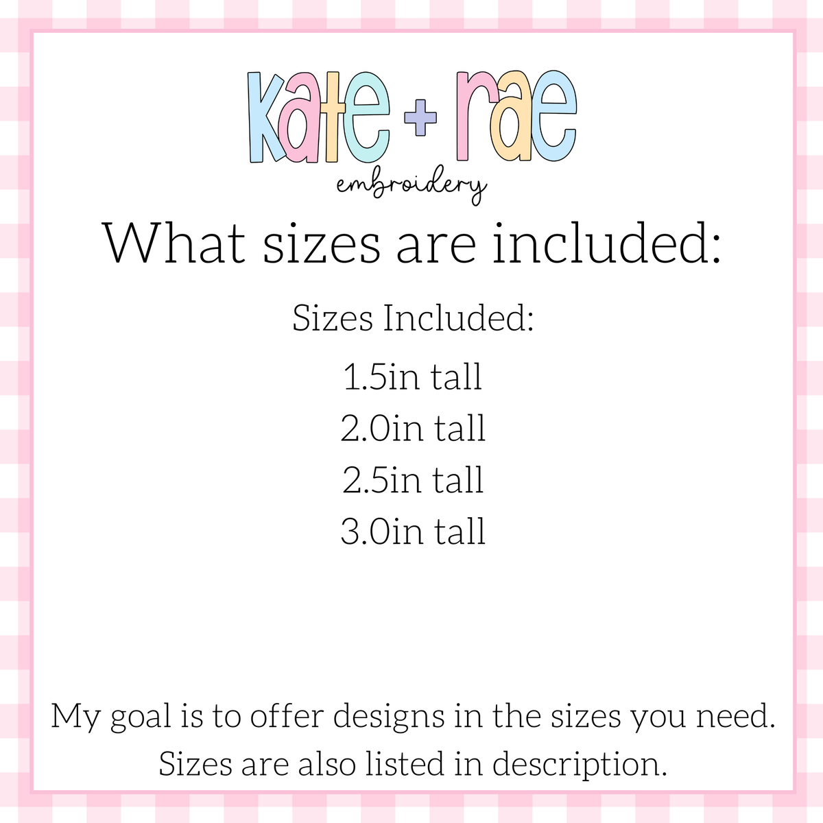 Girl's Easter Bunny with Carrot and Bow Mini Fill Stitch Embroidery Design: Size chart showing sizes 1.5in, 2.0in, 2.5in, and 3.0in tall