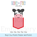 Cow Pocket Peeper Applique Embroidery Design: Design preview of a black and white cow face peeking out of a red gingham pocket, available in 3 to 5 inch sizes