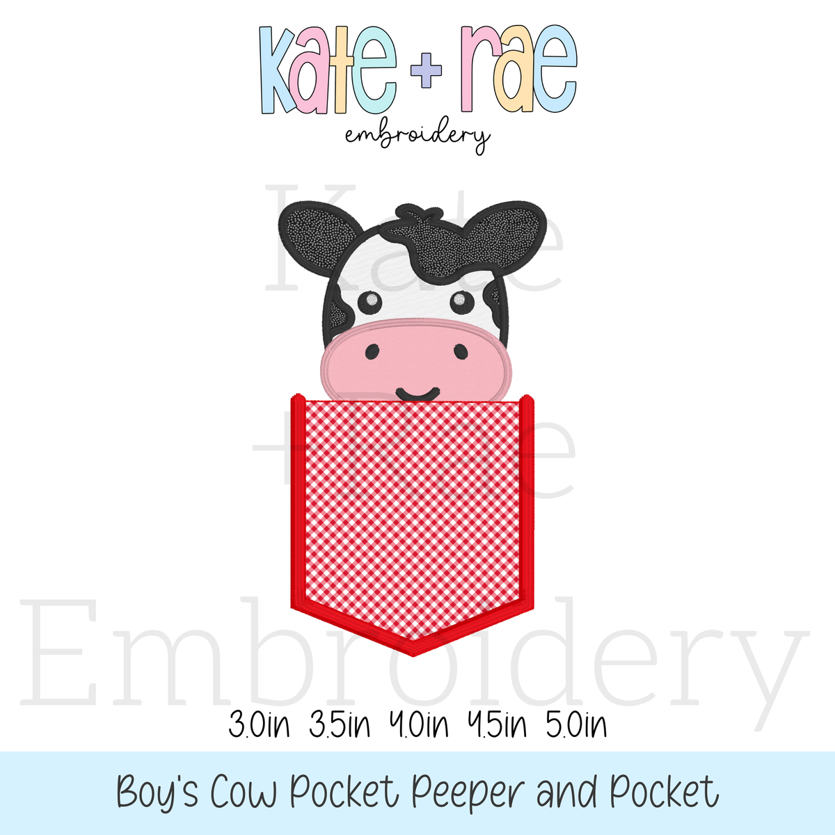 Cow Pocket Peeper Applique Embroidery Design: Design preview of a black and white cow face peeking out of a red gingham pocket, available in 3 to 5 inch sizes