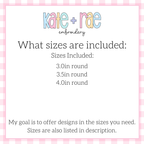 ITH Scalloped Circle Bag Tag Satin Stitch Applique Embroidery Design: Size chart showing bag tag sizes 3.0in, 3.5in, and 4.0in round