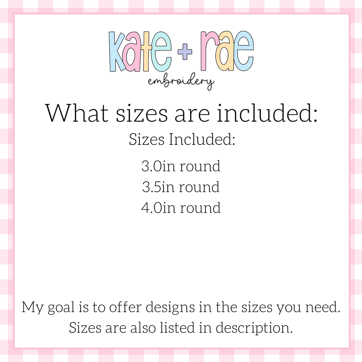 ITH Scalloped Circle Bag Tag Satin Stitch Applique Embroidery Design: Size chart showing bag tag sizes 3.0in, 3.5in, and 4.0in round