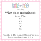 Eagles Double Satin Stitch Applique Embroidery Design: Size chart showing standard sizes 5x7, 6x10, 7x12, 8x8, and 8x13