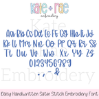 Daisy Handwritten Satin Stitch Embroidery Font: Upper and lowercase alphabet, numbers, and punctuation in the Daisy handwritten satin font