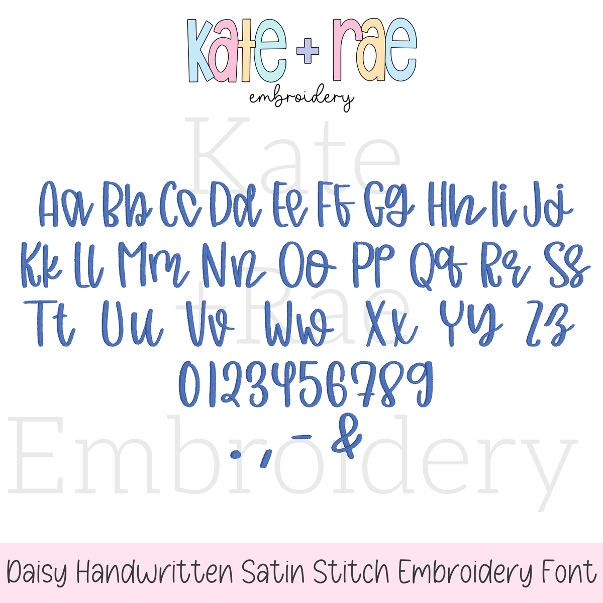 Daisy Handwritten Satin Stitch Embroidery Font: Upper and lowercase alphabet, numbers, and punctuation in the Daisy handwritten satin font