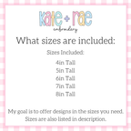 Birthday Numbers Zigzag Stitch Applique Embroidery Design: Size chart showing 4 to 8 inch tall sizes included