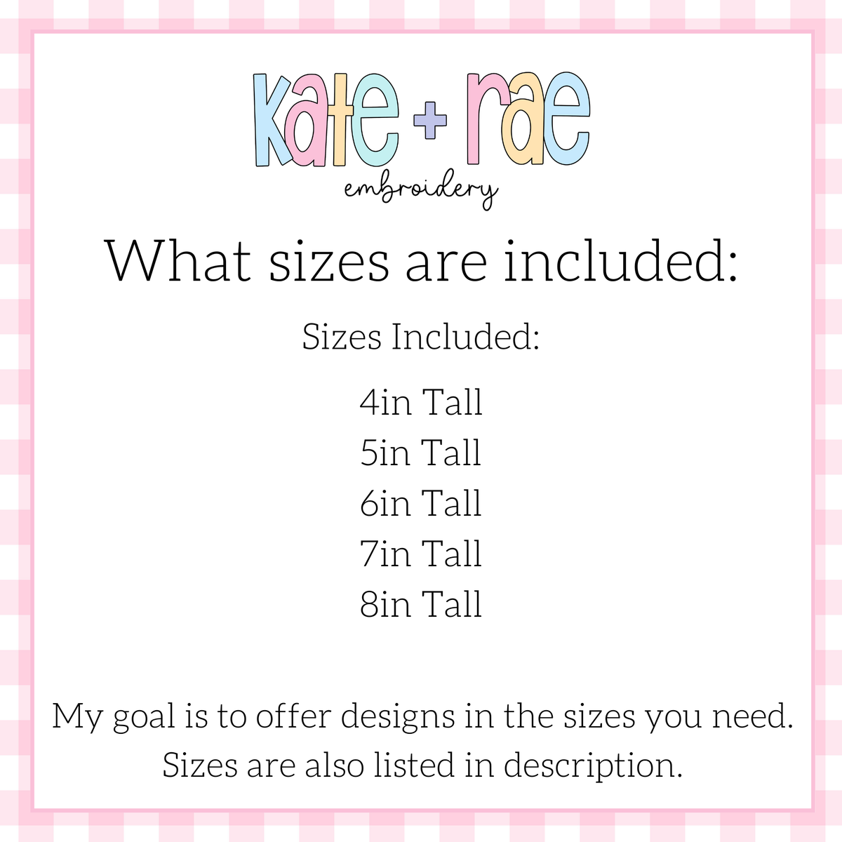 Birthday Numbers Zigzag Stitch Applique Embroidery Design: Size chart showing 4 to 8 inch tall sizes included