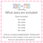 Preppy Big Sister Hand Embroidery PDF Pattern: Size chart showing hand embroidery template sizes 4in, 5in, 6in, 7in, and 8in wide