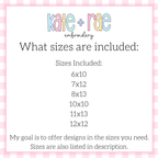 Floral American Flag Bean Stitch Applique Embroidery Design: Size chart showing the included sizes 6x10, 7x12, 8x13, 10x10, 11x13, and 12x12