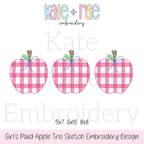 Girl's Plaid Filled Apple Trio Embroidery Design: Design preview of three pink plaid apples with blue bows, available in 5x7, 6x10, and 8x8