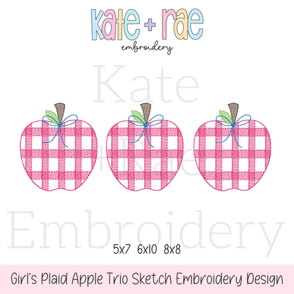 Girl's Plaid Filled Apple Trio Embroidery Design