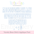 Varsity Bean Stitch Applique Embroidery Font: Uppercase alphabet, numbers 0 to 9, and punctuation in blue outlined collegiate letters