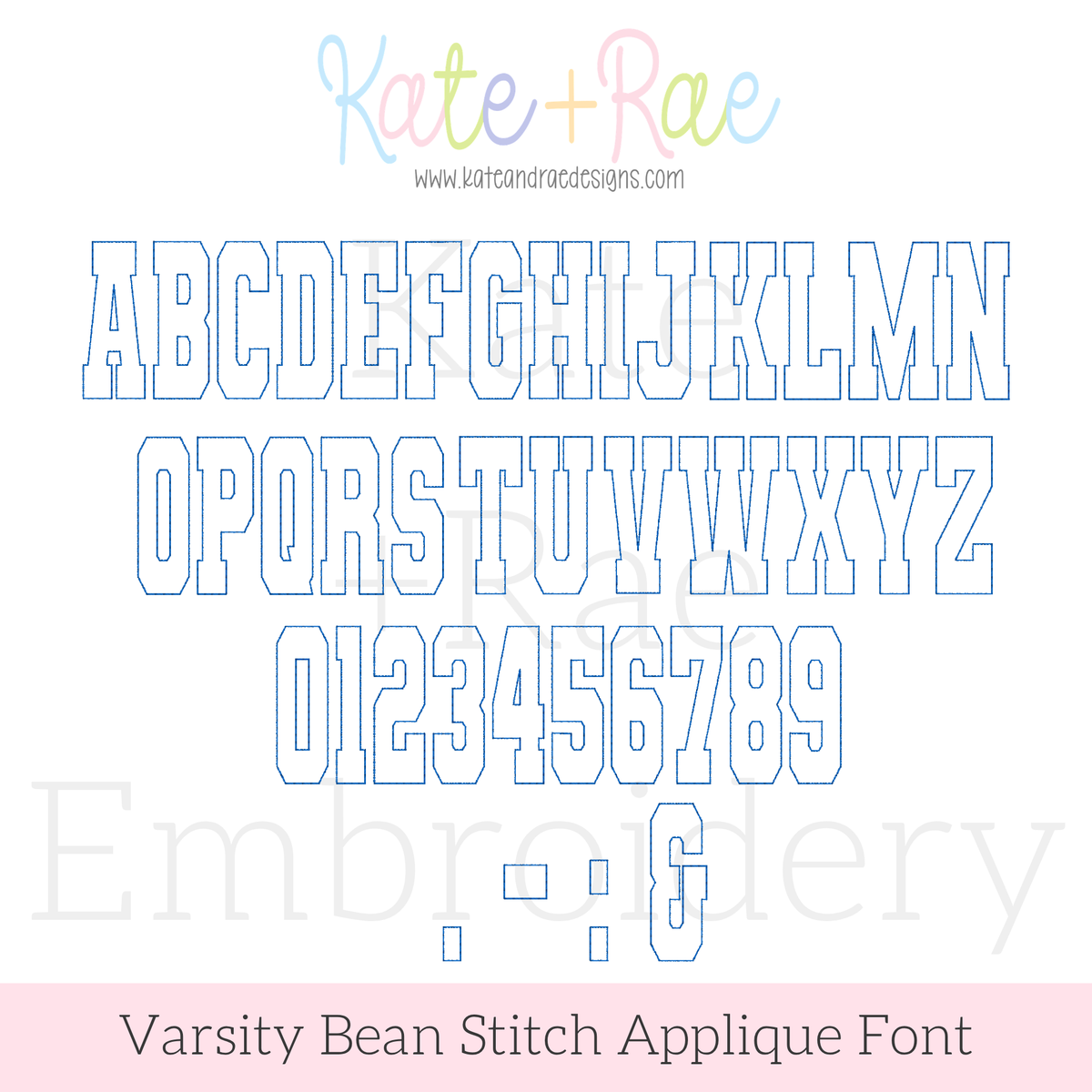 Varsity Bean Stitch Applique Embroidery Font: Uppercase alphabet, numbers 0 to 9, and punctuation in blue outlined collegiate letters