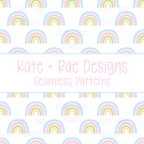 Blue Rainbow Seamless Pattern: Seamless pattern of blue, green, and yellow watercolor rainbows on white