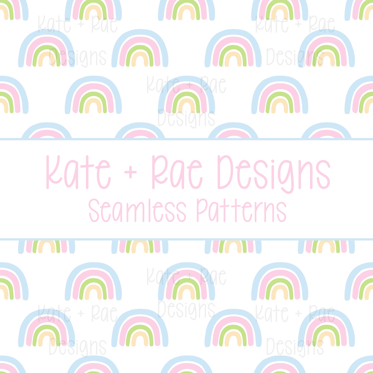 Blue Rainbow Seamless Pattern: Seamless pattern of blue, green, and yellow watercolor rainbows on white