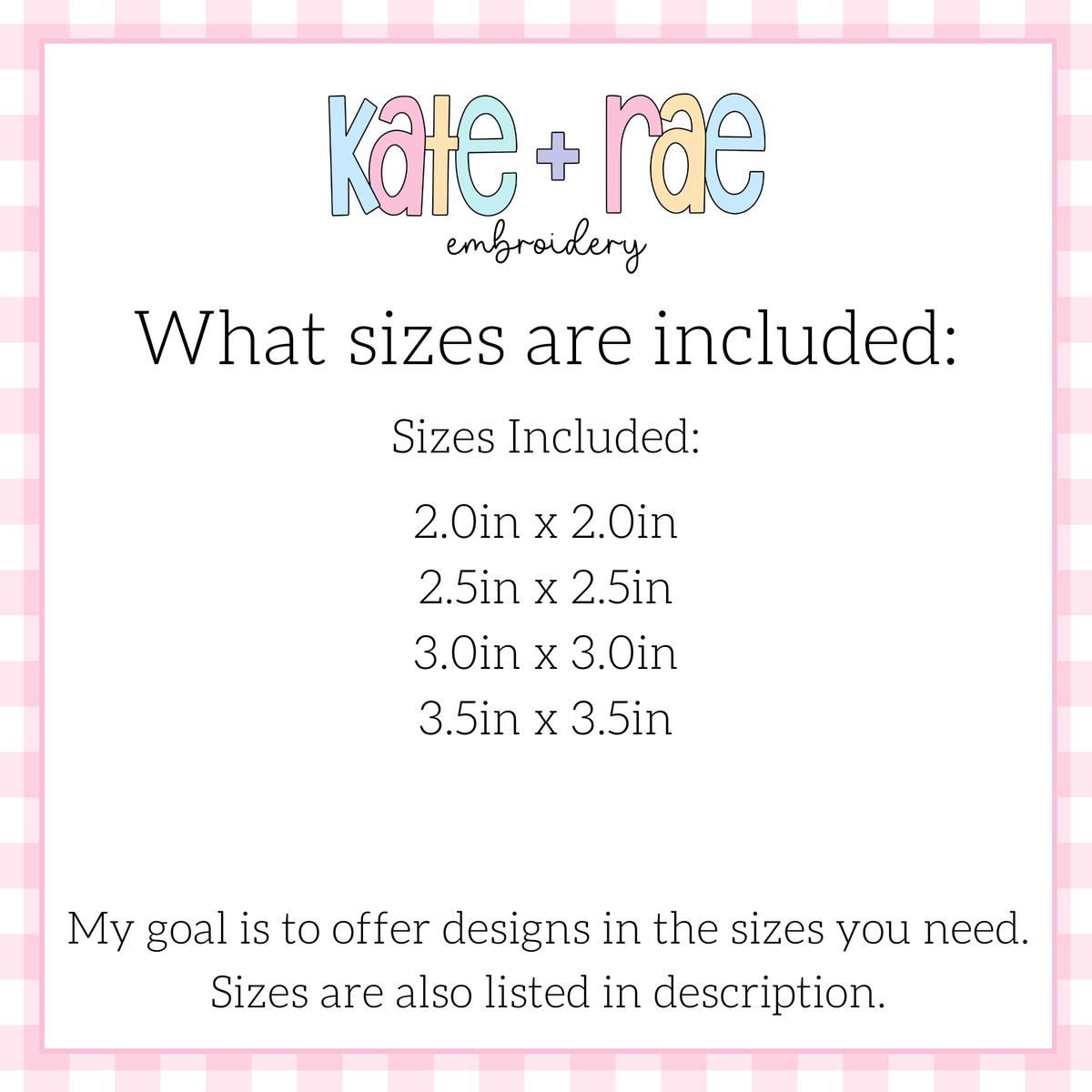 Square Bean Stitch Applique Patch Embroidery Design for Hats & Beanies: Size chart showing patch sizes from 2 by 2 inches to 3.5 by 3.5 inches
