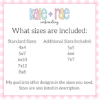 Princess Castle Bean Stitch Applique Embroidery Design: Size chart showing standard sizes 4x4 to 8x8 plus additional sizes 5x5, 6x6, and 7x7