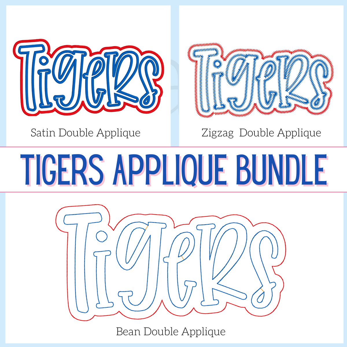 Tigers Double Applique Embroidery Design Bundle: Three versions of the word Tigers in satin, zigzag, and bean stitch double applique