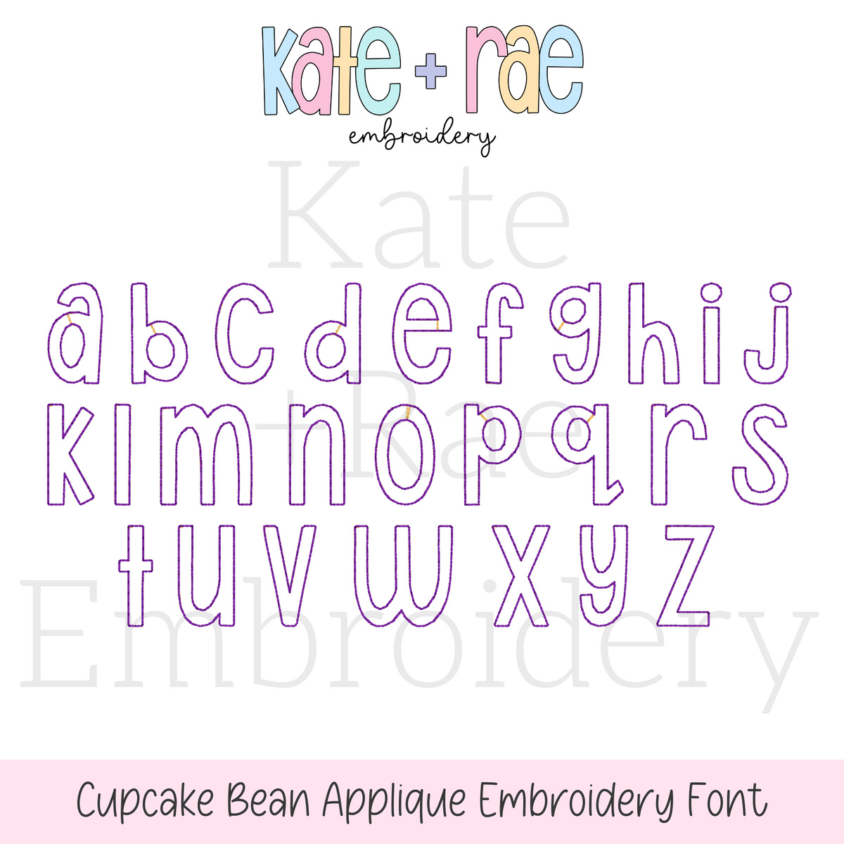 Cupcake Bean Stitch Applique Embroidery Font: Lowercase a to z alphabet in purple outlined applique letters