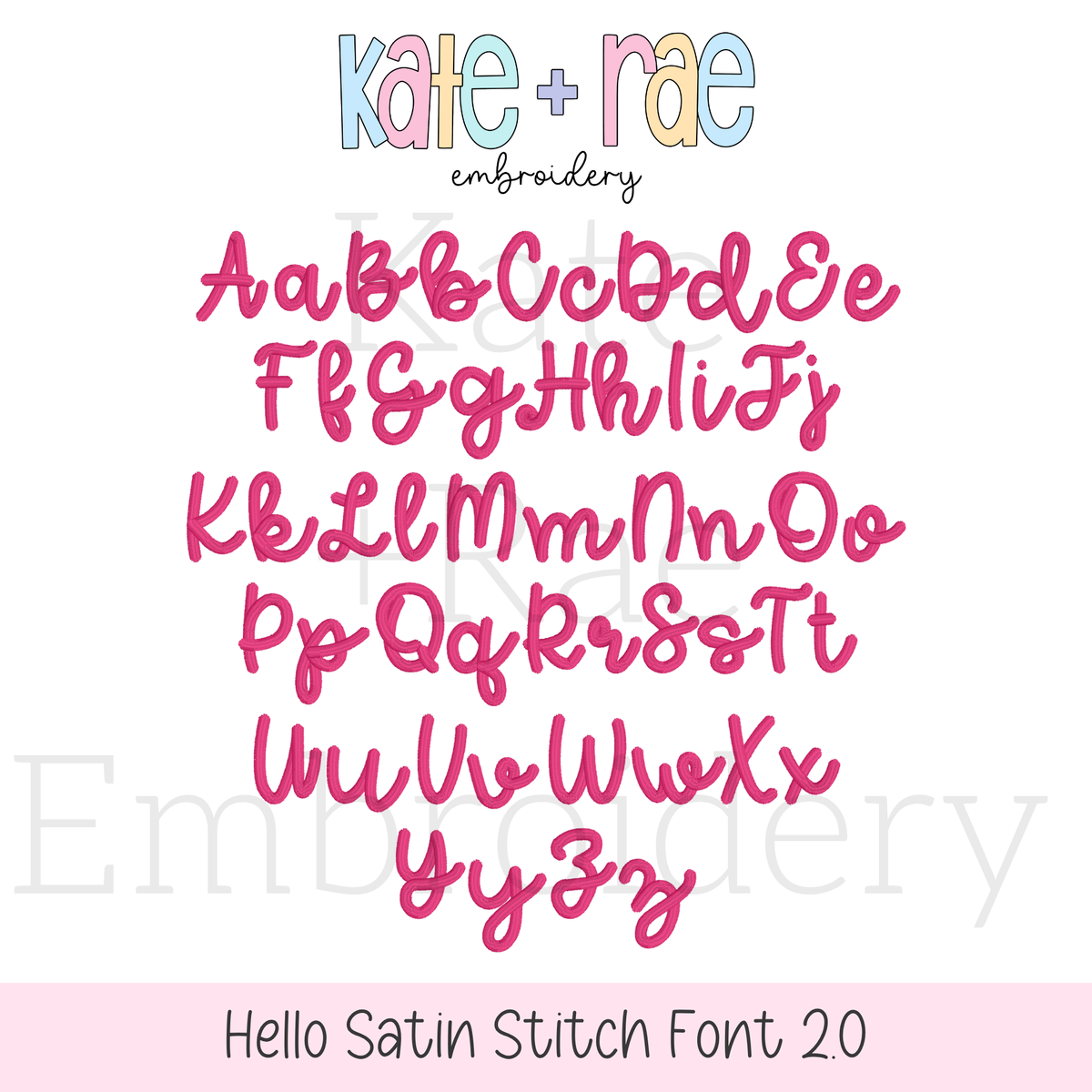 Hello Satin Stitch Embroidery Font 2.0: Upper and lowercase alphabet preview in pink Hello satin script 2.0