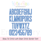 Beau Fill Stitch with Bean Stitch Border Embroidery Font: Uppercase alphabet and numbers preview in blue fill stitch with bean border