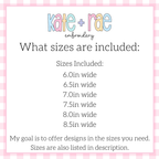 Floral & Bow ITH Birthday Party Hat Embroidery Design: Size chart showing party hat sizes 6.0in to 8.5in wide