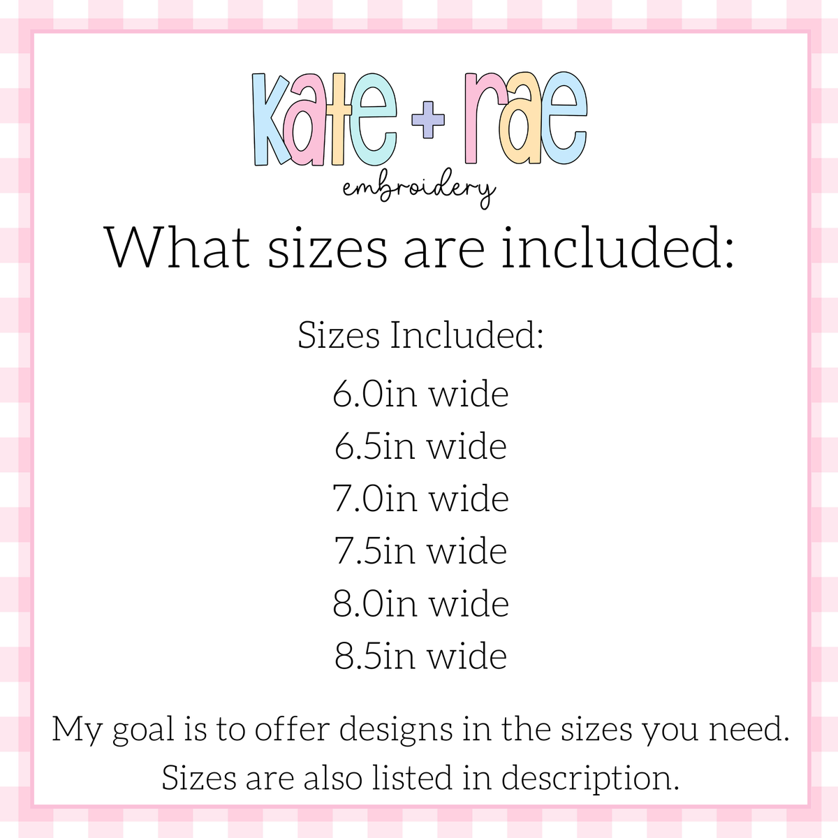 Floral & Bow ITH Birthday Party Hat Embroidery Design: Size chart showing party hat sizes 6.0in to 8.5in wide