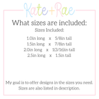 Fish Mini Fill with Scales Pattern Embroidery Design: Size chart showing sizes from 1.0in long by 5/8in tall to 2.5in long by 1.5in tall