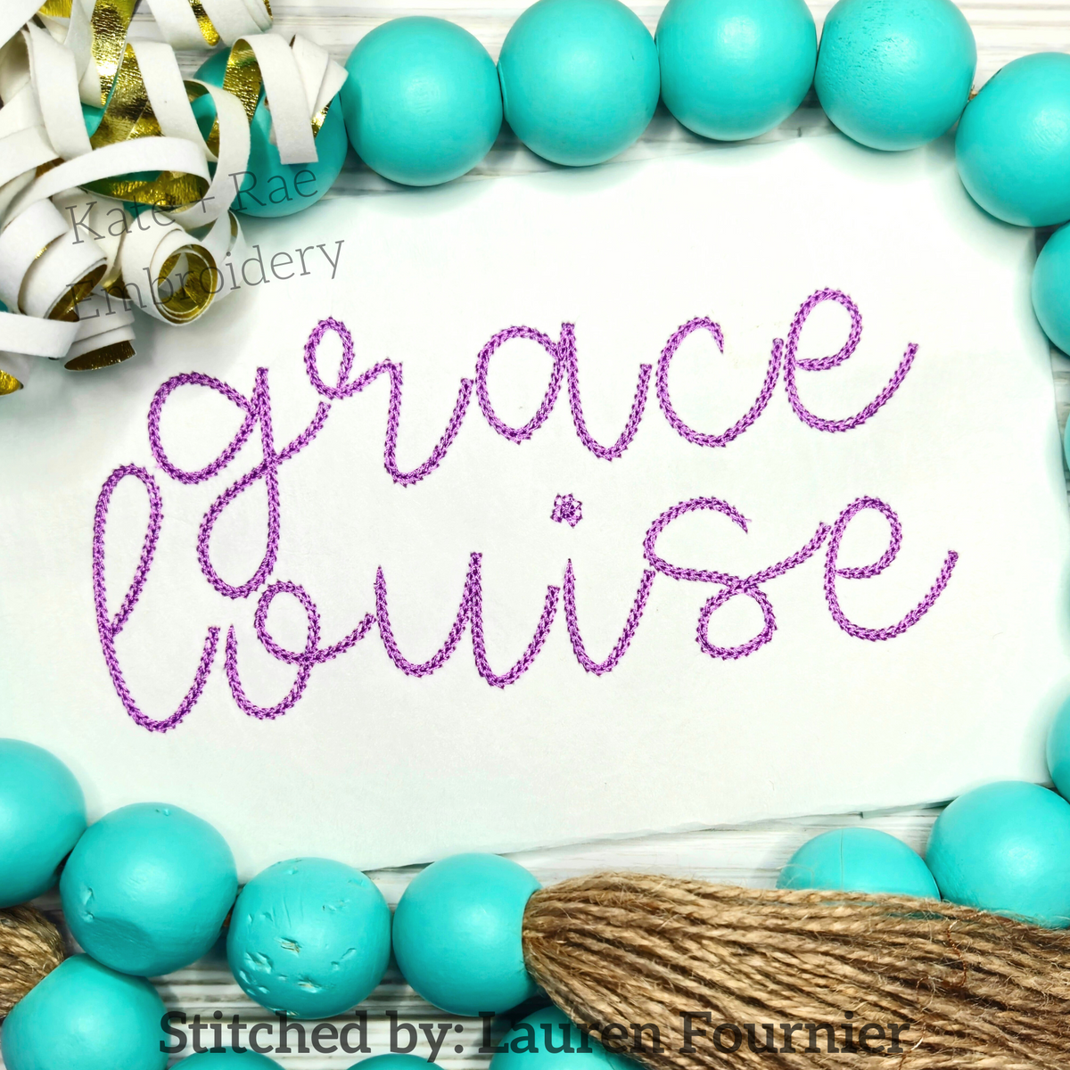 Hello Chain Stitch Embroidery Font: The name grace louise in purple chain stitch script on white fabric