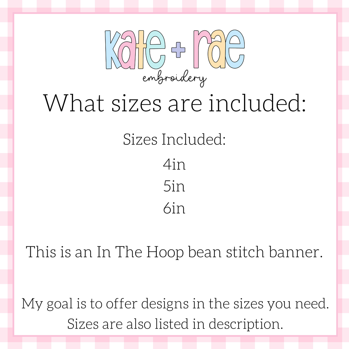Carrot Bunting Banner Bean Stitch Applique Embroidery Design: Size chart showing in the hoop bean stitch banner sizes 4in, 5in, and 6in