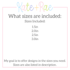 Goldendoodle Dog with Bow Tie Mini Fill Stitch Embroidery Design: Size chart showing sizes 1.5in, 2.0in, 2.5in, and 3.0in