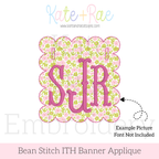 Scalloped Square ITH Banner Bean Stitch Applique Embroidery Design: Design preview of a pink floral scalloped square banner with an SJR monogram, font not included