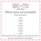 Bow Mini 3D Puff Embroidery Design: Size chart showing sizes 1.0in, 1.25in, 1.5in, 1.75in, 2.0in, 2.25in, and 2.5in