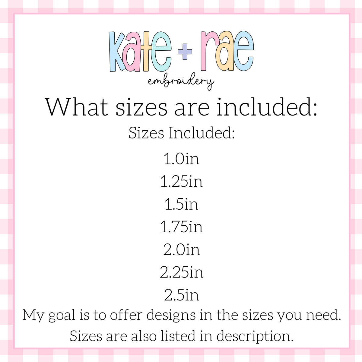 Bow Mini 3D Puff Embroidery Design: Size chart showing sizes 1.0in, 1.25in, 1.5in, 1.75in, 2.0in, 2.25in, and 2.5in