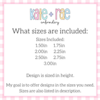 Mallard Duck with Heart Mini Fill Embroidery Design: Size chart showing 1.5 to 3 inch sizes included, sized by height