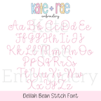 Delilah Bean Stitch Embroidery Font: Upper and lowercase alphabet preview in pink Delilah bean stitch script