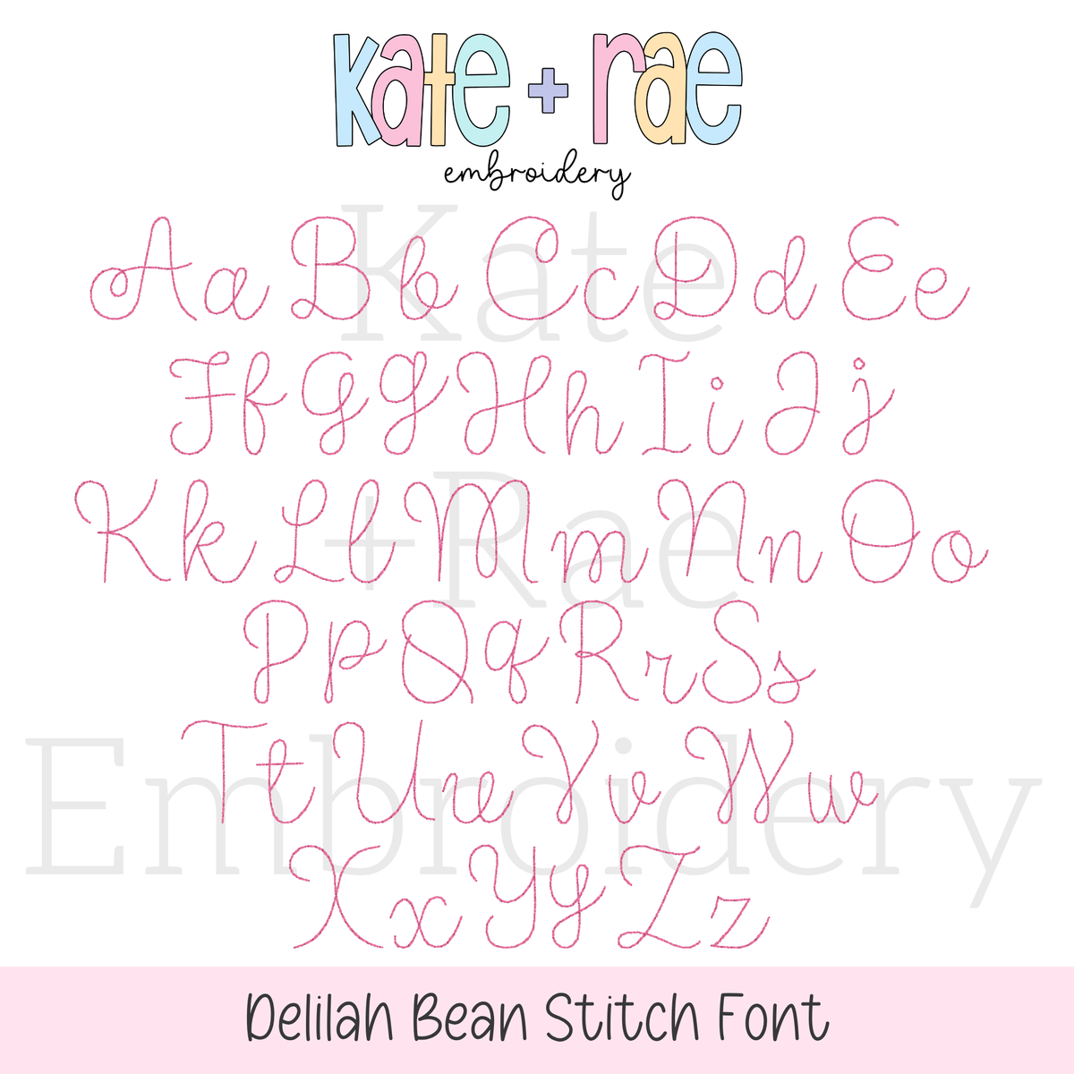 Delilah Bean Stitch Embroidery Font: Upper and lowercase alphabet preview in pink Delilah bean stitch script