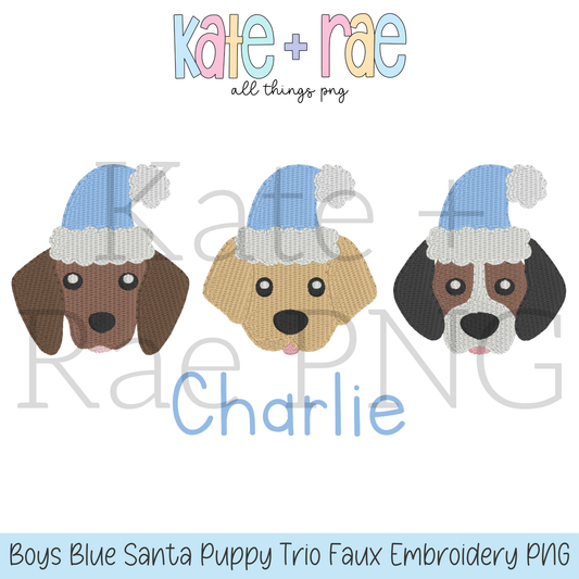 Boy's Blue Santa Puppy Trio Faux Embroidery PNG