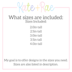 Girl Goose Mini Fill with Bow Embroidery Design: Size chart showing sizes 2.0in, 2.5in, 3.0in, 3.5in, and 4.0in tall