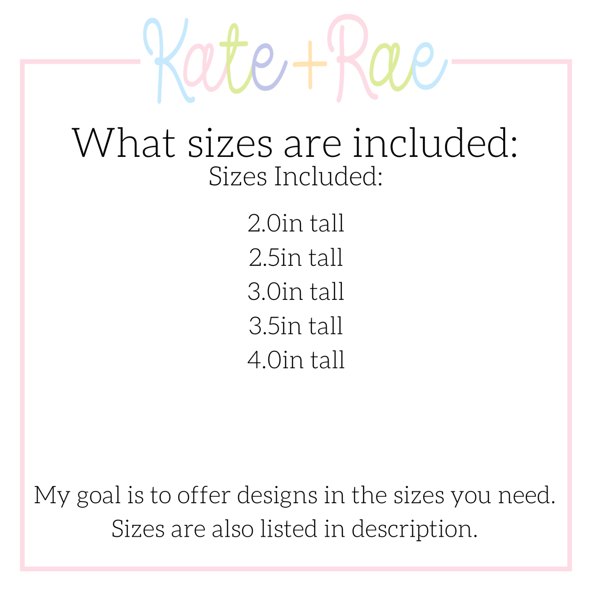 Girl Goose Mini Fill with Bow Embroidery Design: Size chart showing sizes 2.0in, 2.5in, 3.0in, 3.5in, and 4.0in tall