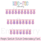 Peeps Sketch Stitch Embroidery Design: Alphabet A to Z in pink sketch stitch Peeps bunnies with purple letters