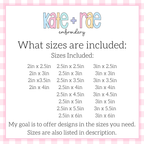 Rectangle Satin Stitch Patch Applique Embroidery Design: Size chart showing patch sizes from 2in x 2.5in to 3in x 6in