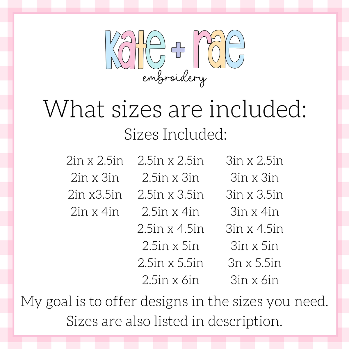 Rectangle Satin Stitch Patch Applique Embroidery Design: Size chart showing patch sizes from 2in x 2.5in to 3in x 6in