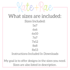Scallop Bottom Satin Stitch Applique Banner In The Hoop Embroidery Design: Size chart showing sizes 5x7 to 8x13 with instructions in downloads