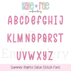 Summer Nights Satin Stitch Embroidery Font: Uppercase A to Z alphabet in a tall, rounded pink satin font