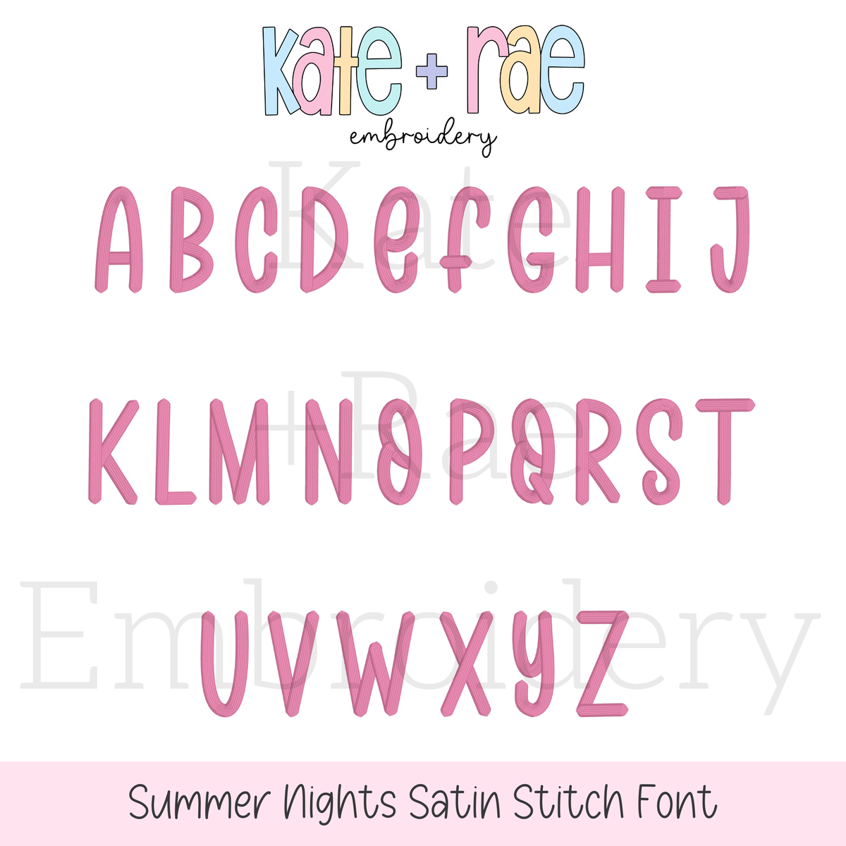 Summer Nights Satin Stitch Embroidery Font: Uppercase A to Z alphabet in a tall, rounded pink satin font